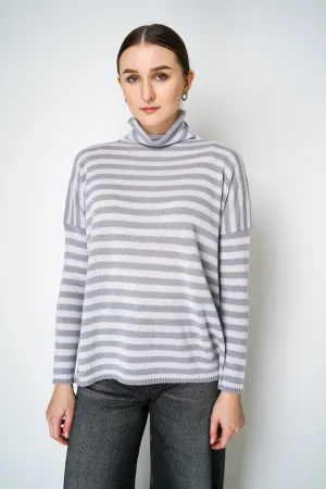 Base Milano Merino Wool Knitted Stripe Turtleneck Sweater in Grey and White