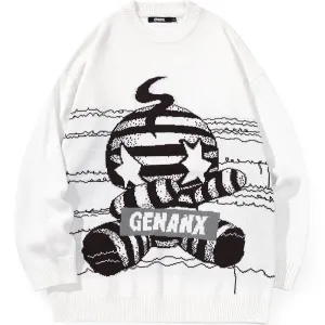 Cartoon Jacquard Hip Hop Street Crew Neck Sweater