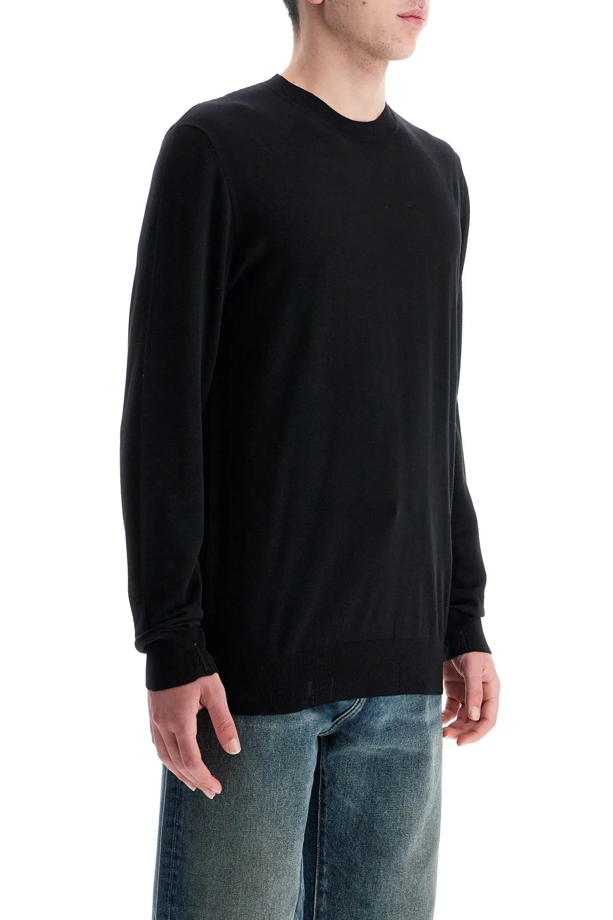 men's black merino wool crew neck sweater GMP00947 P000665 BLACK