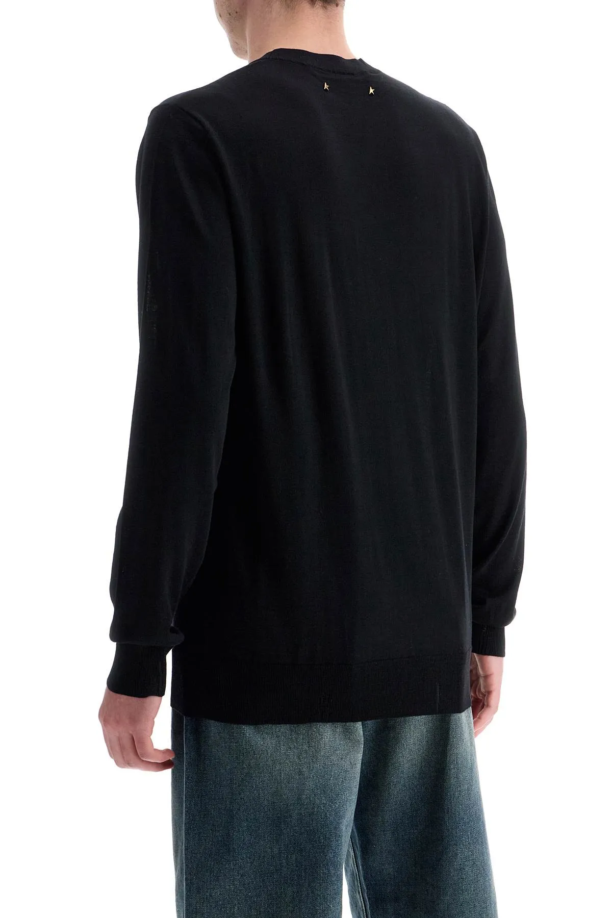 men's black merino wool crew neck sweater GMP00947 P000665 BLACK