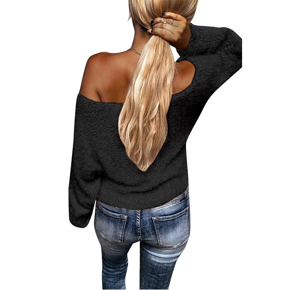 New Style Winter European Women's Hot Selling Off-Shoulder Plush Sweater