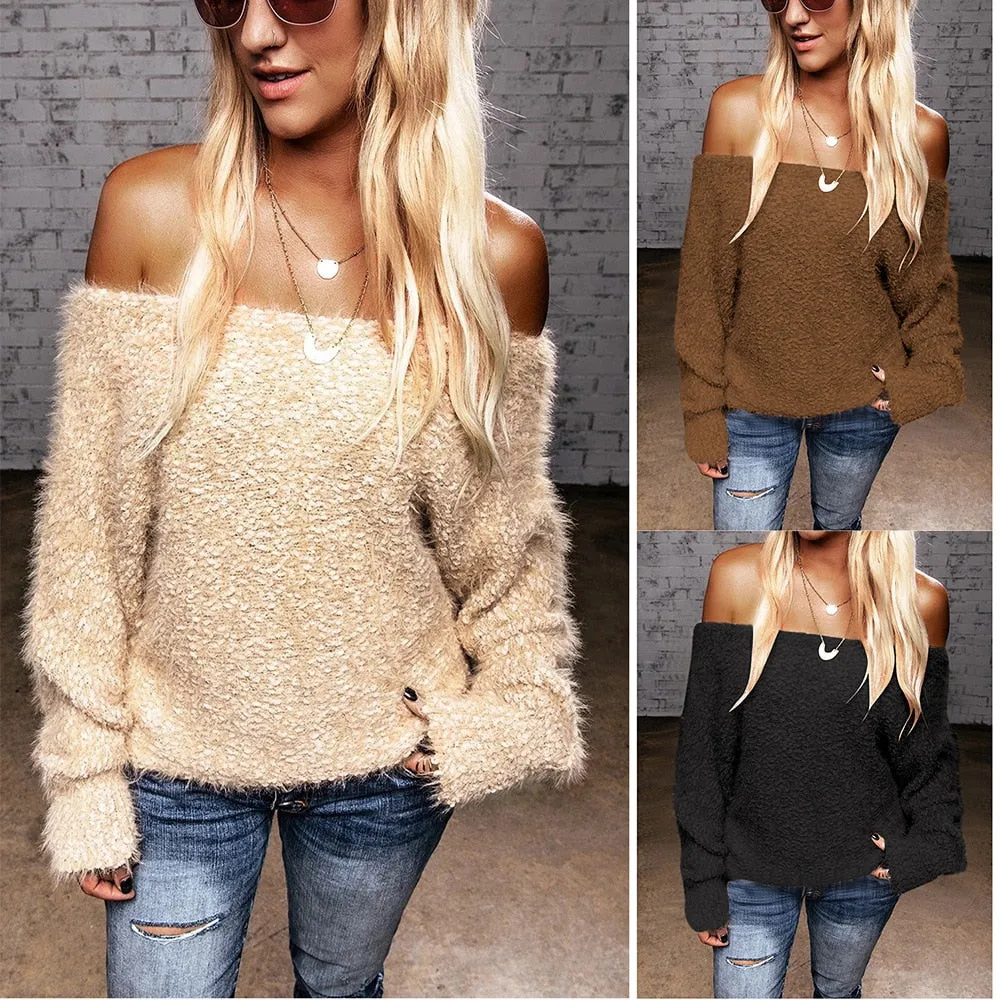 New Style Winter European Women's Hot Selling Off-Shoulder Plush Sweater